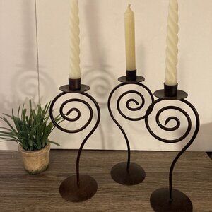Three Dark Brown Metal Scroll  Modern Contemporary Candle Holders Made in India
